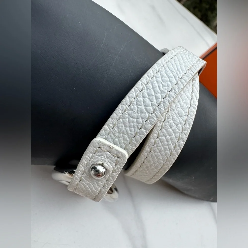 HERMES Granville Double Tour White Leather Bracelet Silver Small